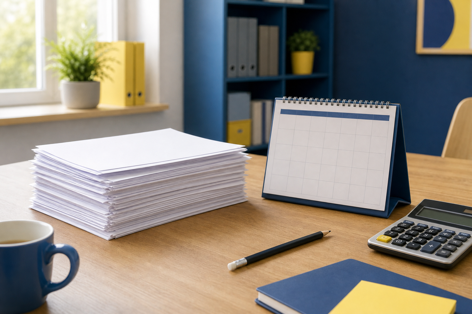 Unbeschriftete Rechnungsblätter, Kalender und Taschenrechner auf einem hellen Schreibtisch