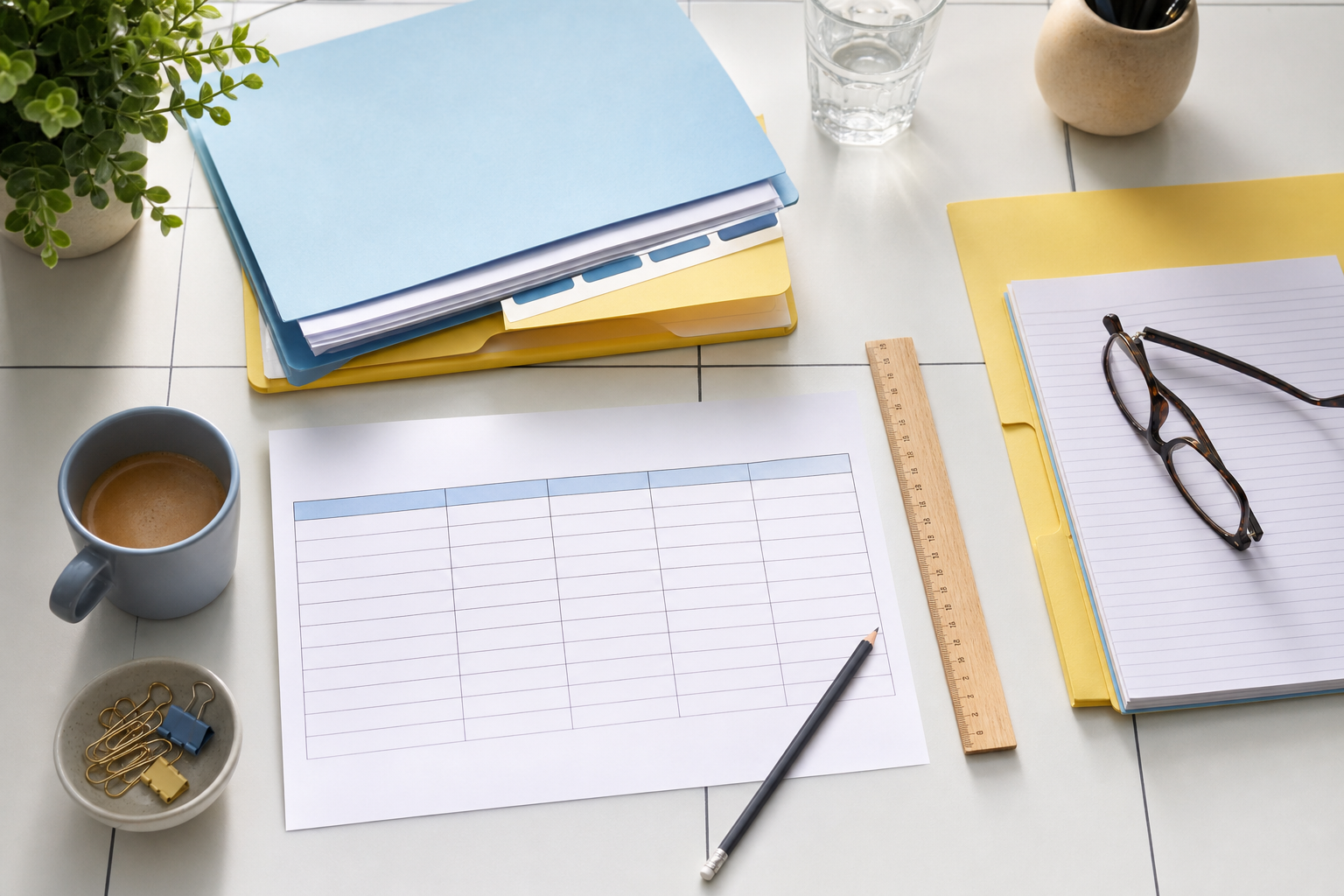 Blaue und gelbe Dokumentenmappen mit Brille, Lineal und leerer Vergleichstabelle