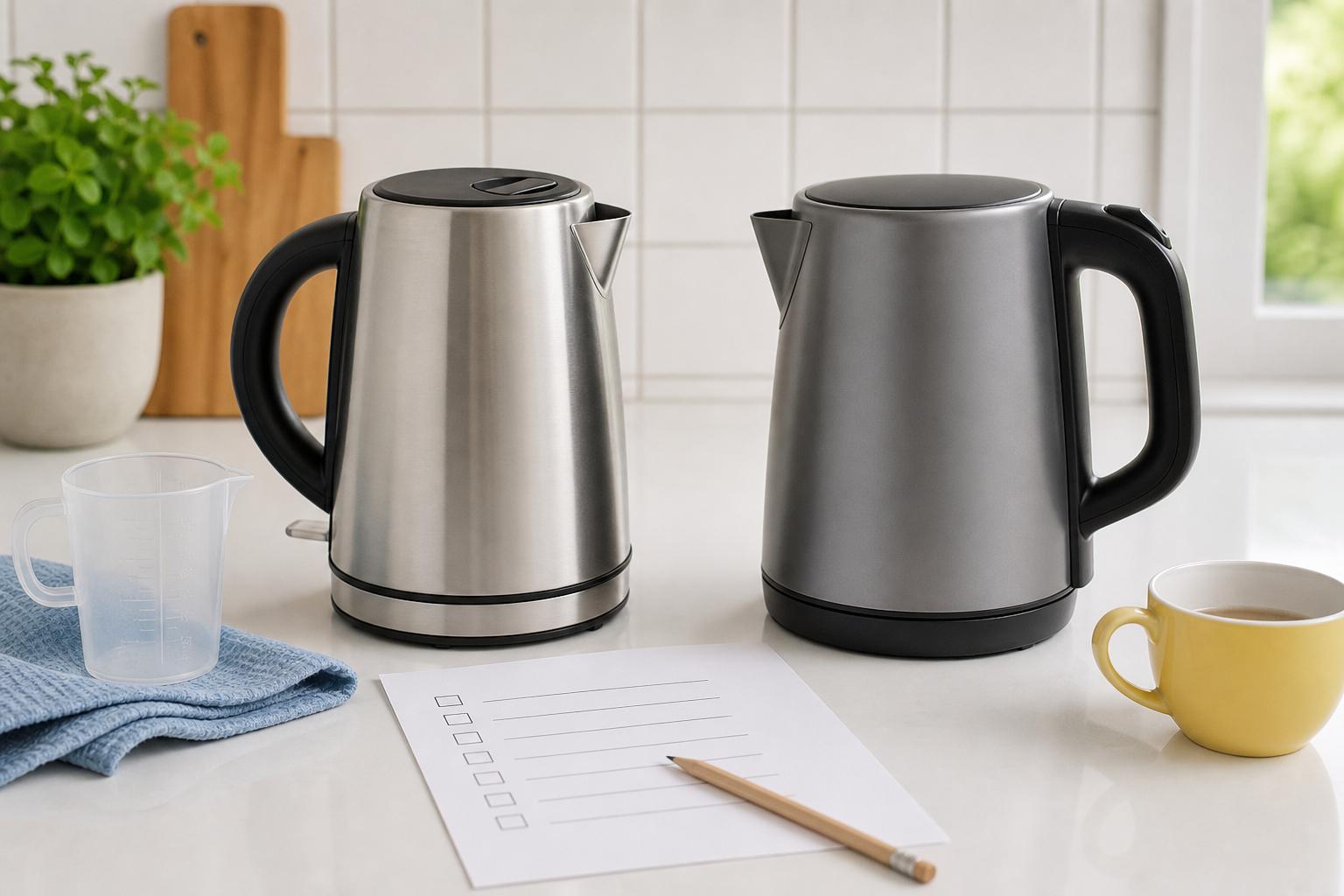 Zwei unbeschriftete Wasserkocher mit Prüfliste, Messbecher und gelber Tasse