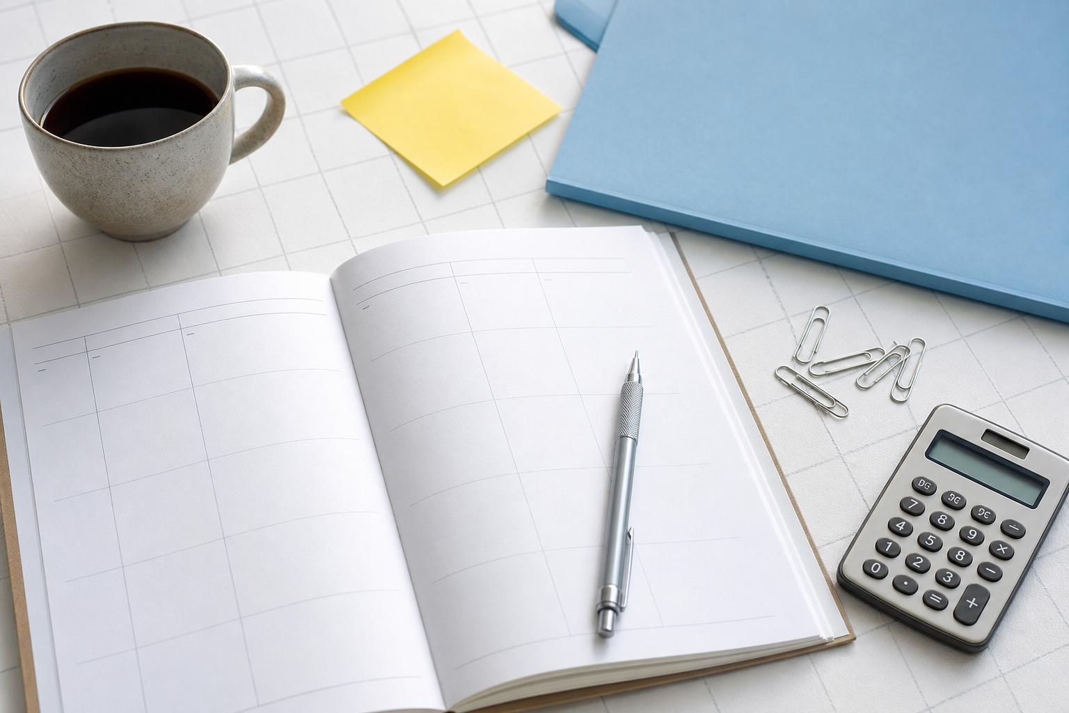 Offener Wochenplaner mit Taschenrechner, Stift und blauer Mappe